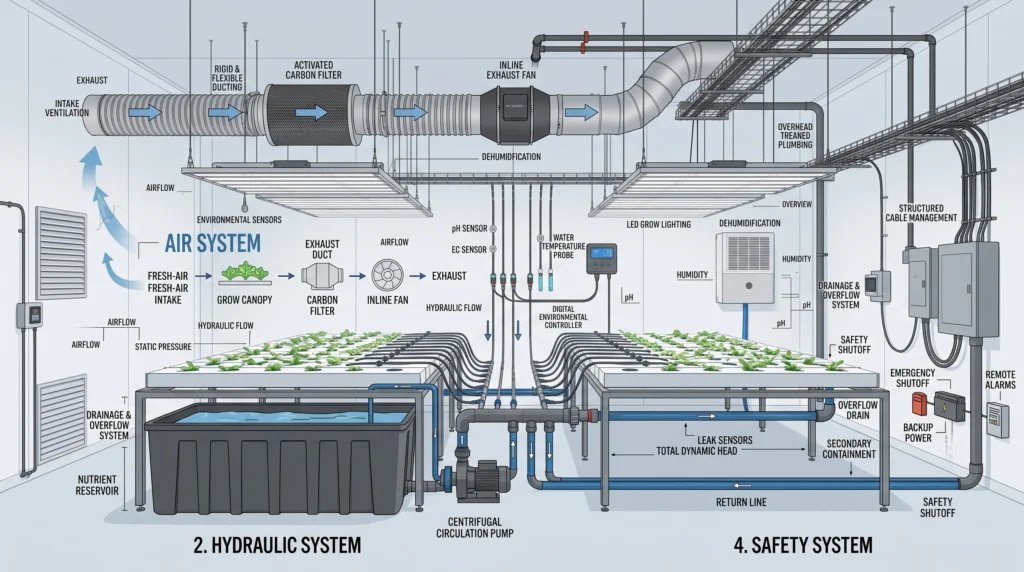 Complete grow room engineering blueprint integrating ventilation, hydraulics, sensors and safety systems