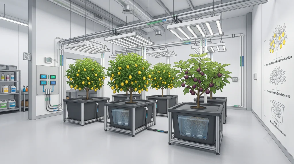 Hydroponic Dwarf Fruit Trees: Engineering DWC Systems for Citrus and Figs 13 Complete multi-tree DWC hydroponic fruit production system with reinforced reservoirs, LED lighting, aeration and environmental monitoring