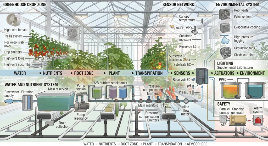 Hydroponic Greenhouse Cucumber and Tomato Production Systems 16 Complete hydroponic greenhouse production blueprint integrating irrigation climate lighting sensors and crop management