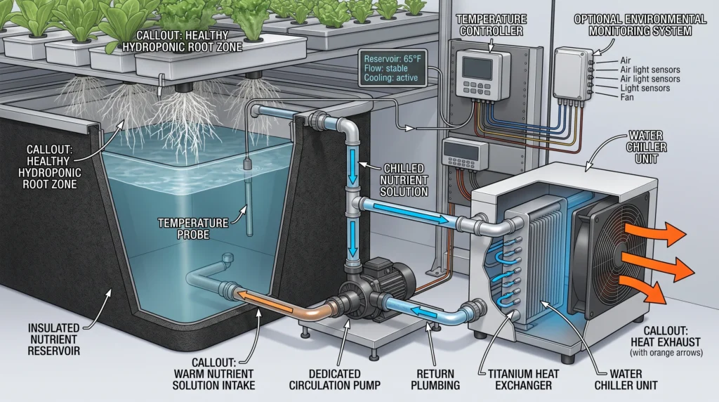 Complete hydroponic reservoir cooling system with chiller, pump, insulated reservoir and monitoring
