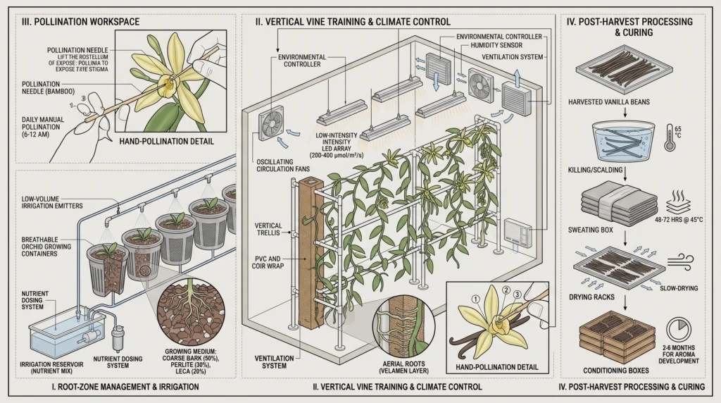Hydroponic Vanilla Orchids: Vertical Trellising & Hand Pollination 14 Complete indoor hydroponic vanilla orchid growing system with trellis lighting and climate control