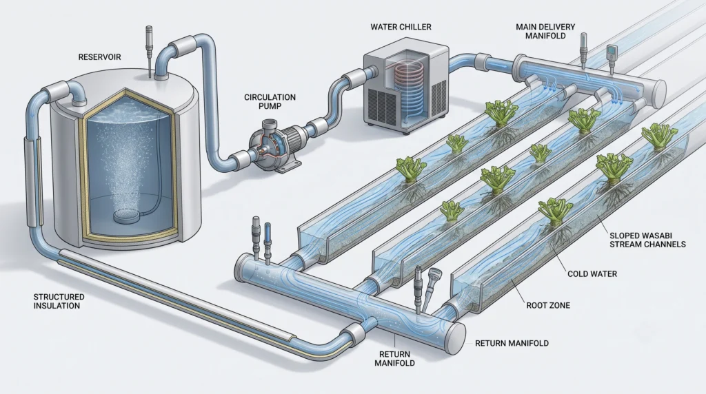 Hydroponic Wasabi Cultivation: Engineering Cold-Water Systems 15 Complete engineered hydroponic wasabi system with chiller, reservoir, aeration, stream channels, and return loop