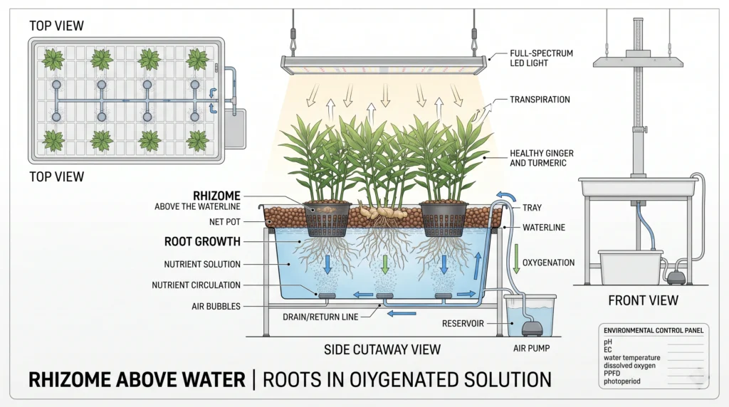 Complete shallow tray DWC system blueprint for hydroponic ginger and turmeric showing tray, roots, rhizomes, aeration, lighting, and reservoir