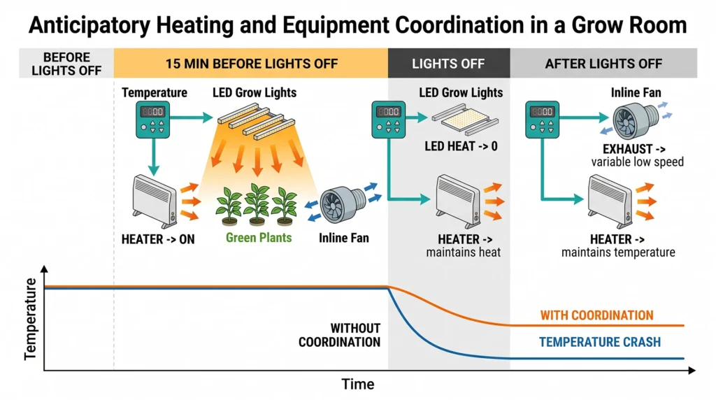 Infographic showing coordinated lights, heater, exhaust fan, and temperature controller timing
