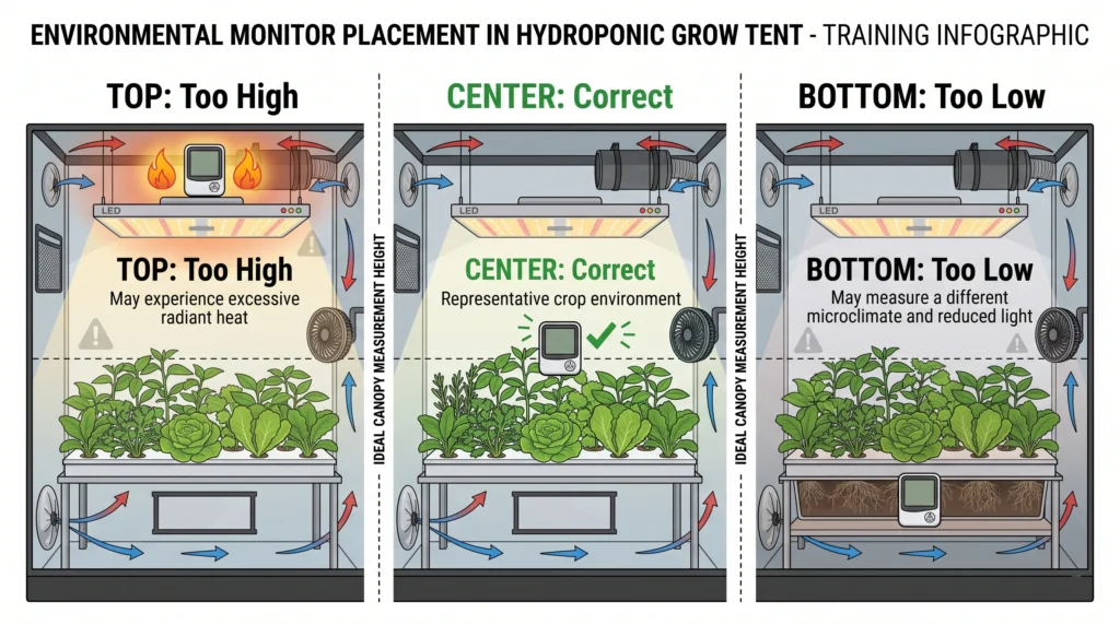 Pulse Pro Environmental Monitor Review: Precision VPD, Light, and CO2 Tracking 14 Correct placement of an environmental monitor at plant canopy height in a hydroponic grow tent