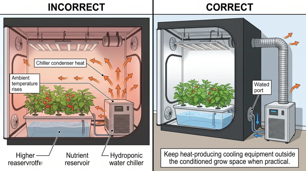 Hydroponic water chiller positioned outside grow tent to prevent heat buildup