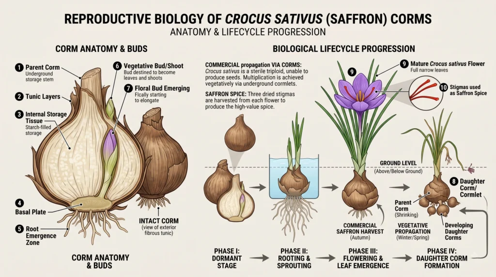 Advanced Hydroponic Saffron Cultivation: Systems, Corms, and Nutrients 1 Crocus sativus corm anatomy showing basal plate, roots, buds, flower growth, and daughter corm development