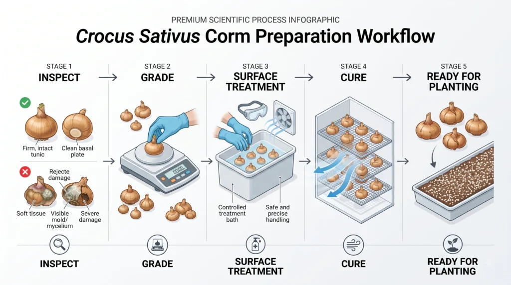 Advanced Hydroponic Saffron Cultivation: Systems, Corms, and Nutrients 4 Crocus sativus corm preparation workflow showing inspection, grading, surface treatment, curing, and storage