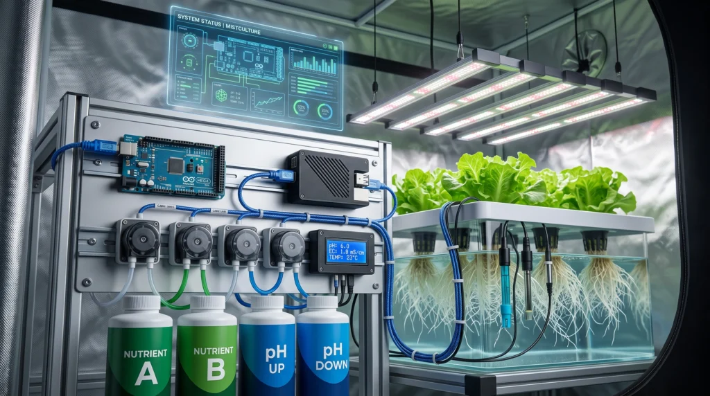 Custom automated hydroponic dosing system using Arduino, Raspberry Pi, sensors, and peristaltic pumps.
