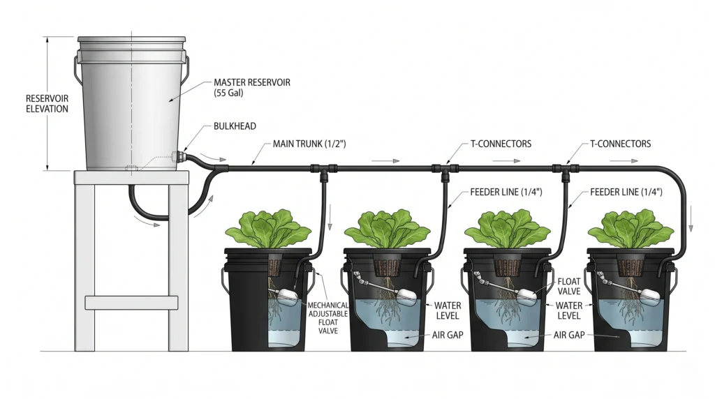 DIY Gravity-Fed Auto-Top Off (ATO) Reservoirs for DWC and Kratky 4 DIY gravity-fed ATO plumbing layout connecting an elevated reservoir to multiple hydroponic buckets