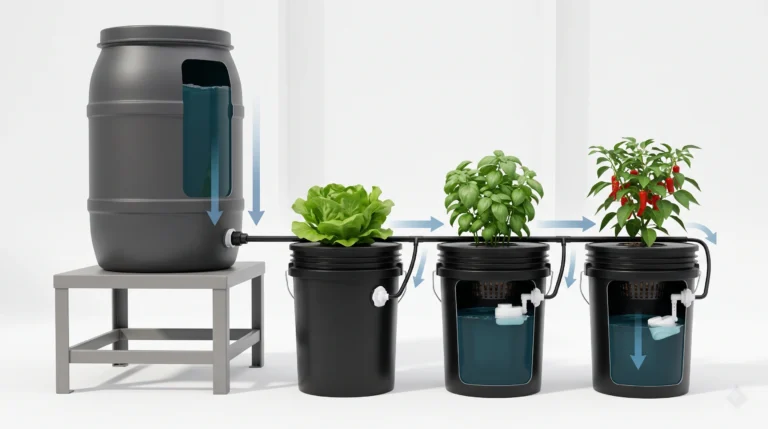 Gravity-fed auto-top off reservoir supplying DWC and Kratky hydroponic buckets
