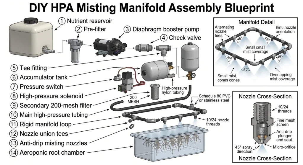 DIY high-pressure aeroponic manifold assembly showing pump accumulator solenoid filter tubing and misting nozzles