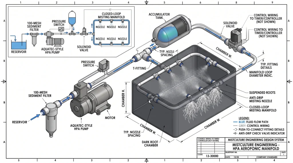 DIY Aeroponic High-Pressure Misting Manifold with 1000 PSI Solenoids: The True HPA Blueprint 8 Engineering blueprint of a DIY high-pressure aeroponic manifold with pump, accumulator, solenoid and looped nozzle circuit