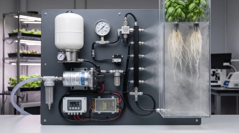 DIY high-pressure aeroponic misting manifold with diaphragm pump accumulator tank solenoid and misting nozzles
