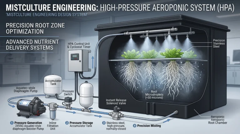 DIY high-pressure aeroponic system with Aquatec pump, accumulator tank, solenoid valve, misting manifold and fine-mist nozzles