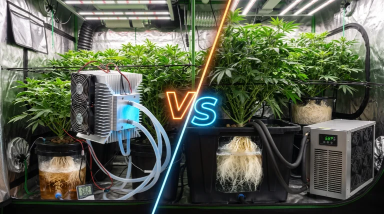 Comparison between a DIY thermoelectric Peltier hydroponic chiller and a compressor water chiller cooling a deep water culture hydroponic reservoir.