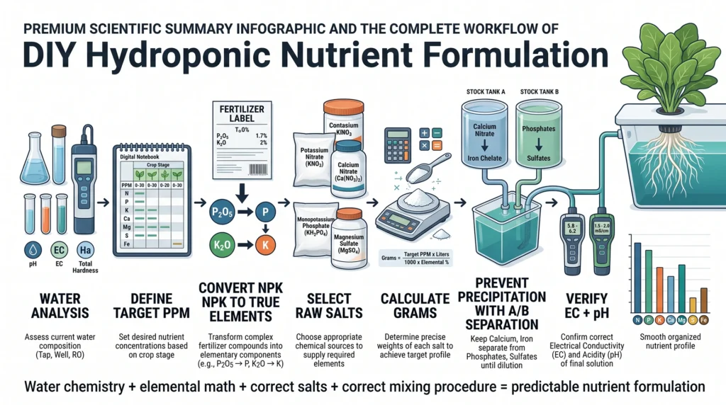 Scientific summary infographic showing the complete process of calculating, mixing and monitoring a custom hydroponic nutrient formulation