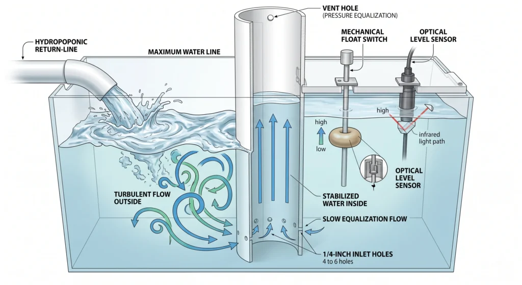 Optical Water Level Sensors vs Float Switches: Engineering Sump Tank Automation 5 PVC stilling well stabilizing hydroponic sump water level sensors