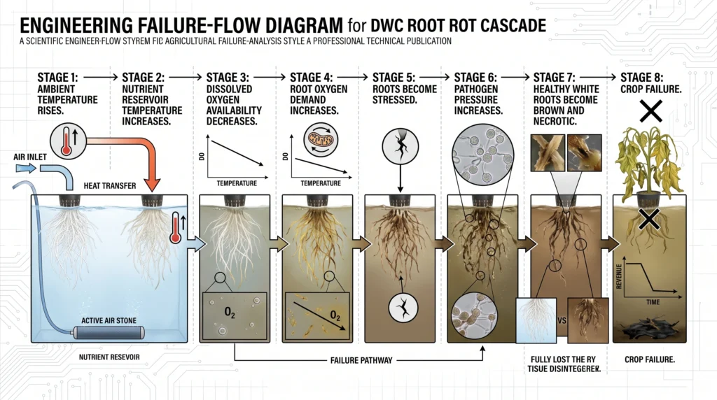 DWC root rot failure sequence from warm water and low dissolved oxygen to necrotic roots