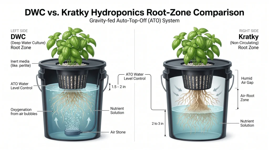 DIY Gravity-Fed Auto-Top Off (ATO) Reservoirs for DWC and Kratky 7 Comparison of DWC and Kratky water levels showing submerged roots and Kratky air roots