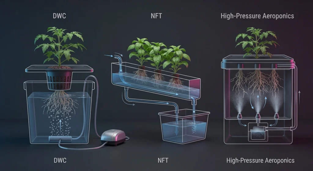 No-BS Hydroponic Gear Guide: What Actually Works for Tomatoes, Peppers, and Greens 1 Technical comparison of DWC NFT and aeroponic hydroponic system architectures and root zone oxygenation