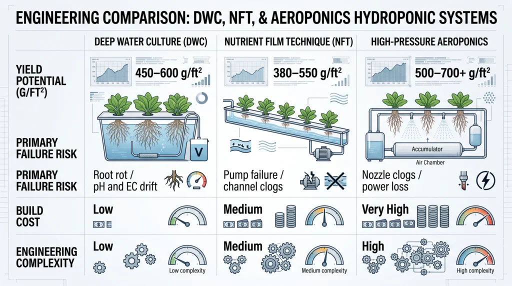 DWC NFT and aeroponics comparison of yield potential cost complexity and failure risk
