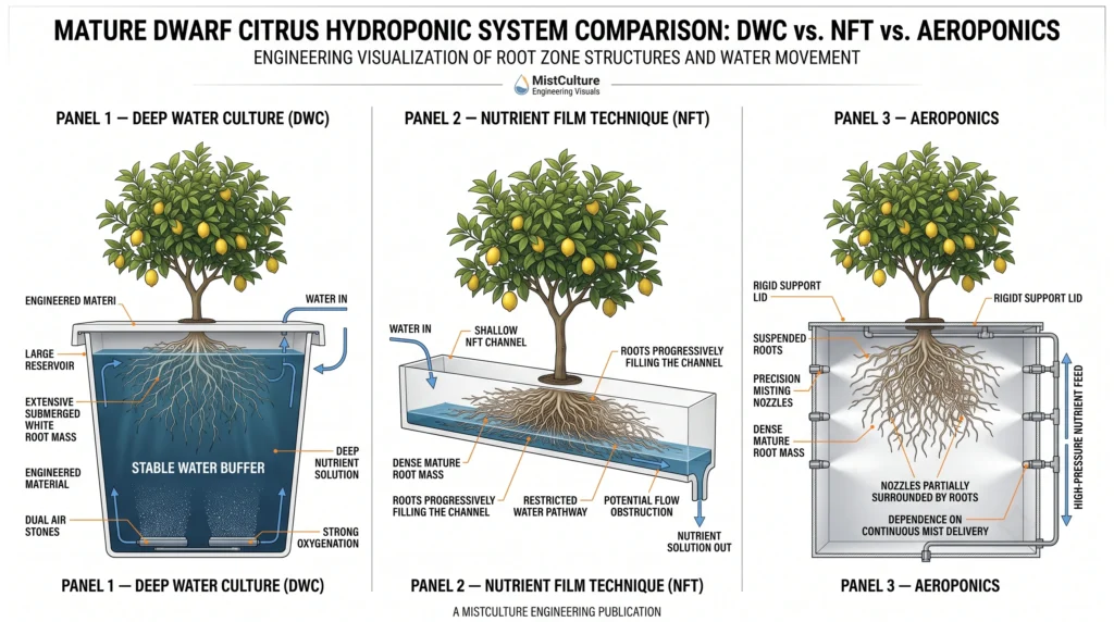 Hydroponic Dwarf Fruit Trees: Engineering DWC Systems for Citrus and Figs 1 Comparison of DWC, NFT, and aeroponic systems for supporting large dwarf fruit tree root systems