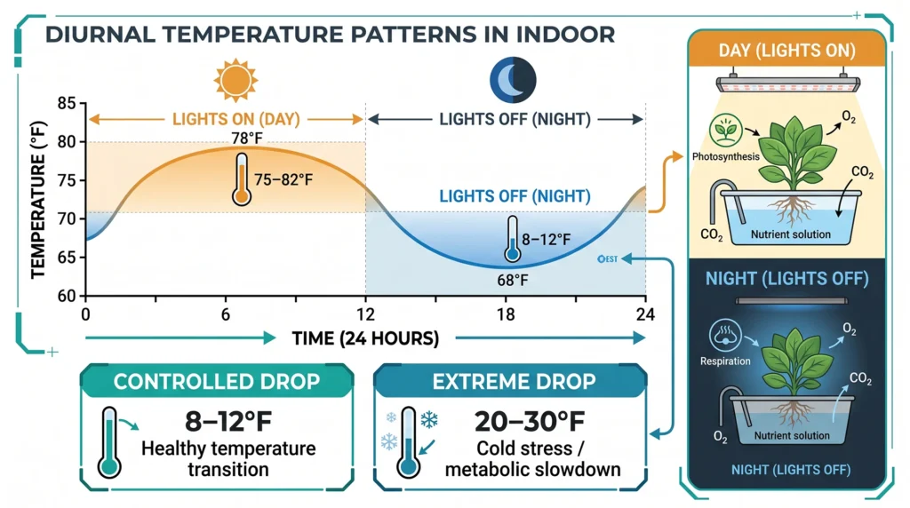 Infographic comparing controlled day and night temperatures in an indoor grow room