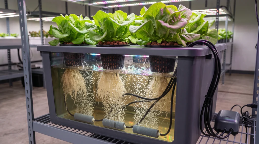 Dutch Bucket vs DWC: Which System Wins for Tomatoes, Peppers & Heavy Vining Crops? 3 Deep Water Culture hydroponic system showing lettuce roots suspended in aerated nutrient solution with air stones and bubbles