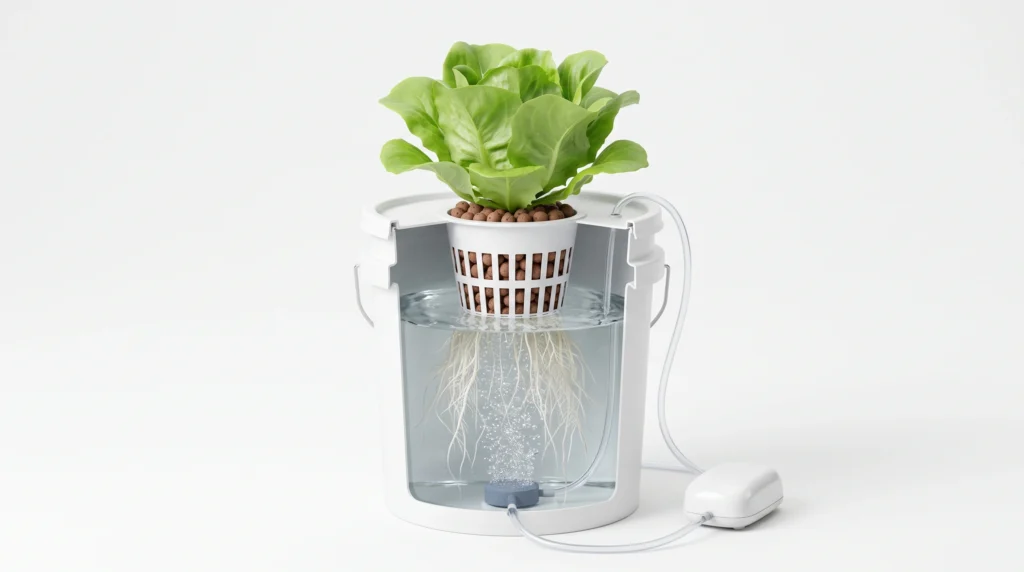 Scientific cutaway of a DWC hydroponic system showing submerged roots, nutrient solution and air stone oxygenation