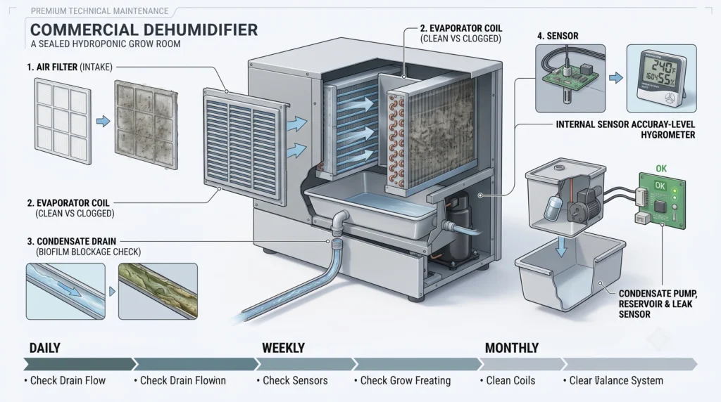 Dehumidifier Sizing Math for Sealed Grow Rooms and Grow Tents 10 Dehumidifier maintenance diagram showing filter cleaning, coil inspection, drain cleaning and sensor verification