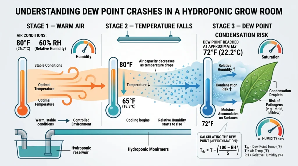 Scientific infographic showing temperature drop, rising relative humidity, dew point, and leaf condensation