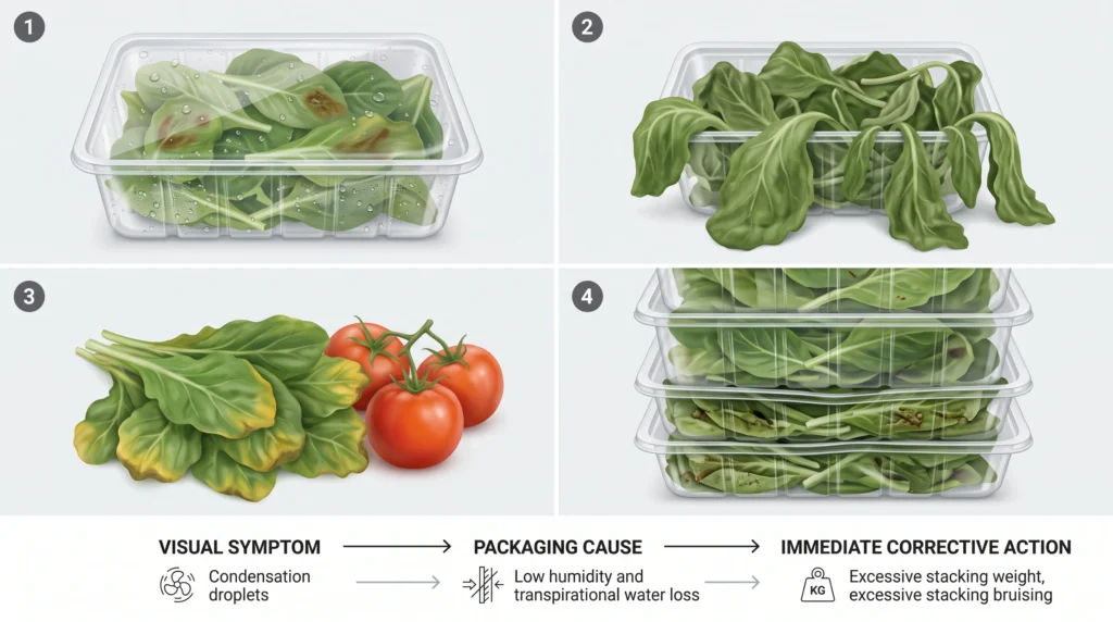 Post-harvest troubleshooting infographic showing moisture, dehydration, ethylene damage and crushing in packaged hydroponic produce