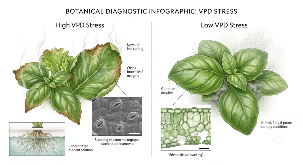 High VPD versus low VPD plant stress symptoms including leaf curling edema and fungal risk