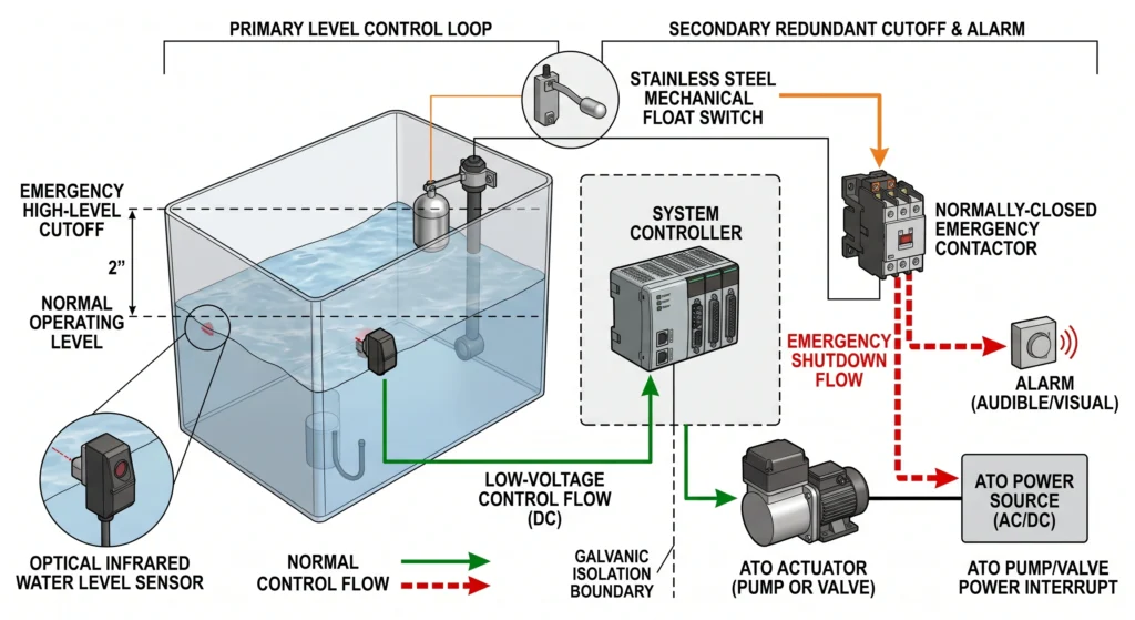 Optical Water Level Sensors vs Float Switches: Engineering Sump Tank Automation 9 Dual optical and mechanical sensor fail-safe architecture for hydroponic ATO