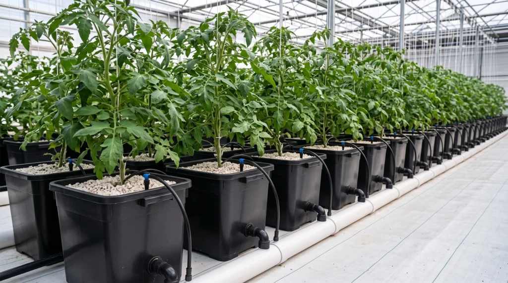 Dutch Bucket vs DWC: Which System Wins for Tomatoes, Peppers & Heavy Vining Crops? 1 Technical Dutch Bucket hydroponic system showing perlite-filled Bato buckets, drip irrigation lines, drain siphons and central nutrient return pipe