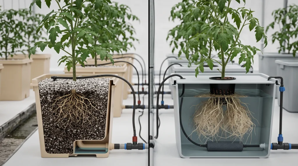Dutch Bucket vs DWC: Which System Wins for Tomatoes, Peppers & Heavy Vining Crops? 13 Dutch Bucket with moisture-retaining perlite compared with DWC roots dependent on continuous aeration during hydroponic system failures