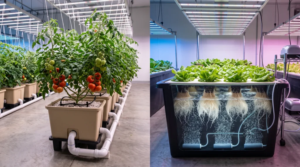 Dutch Bucket vs DWC: Which System Wins for Tomatoes, Peppers & Heavy Vining Crops? 5 Side-by-side comparison of Dutch Bucket and Deep Water Culture hydroponic systems showing media-based roots versus aerated bare roots