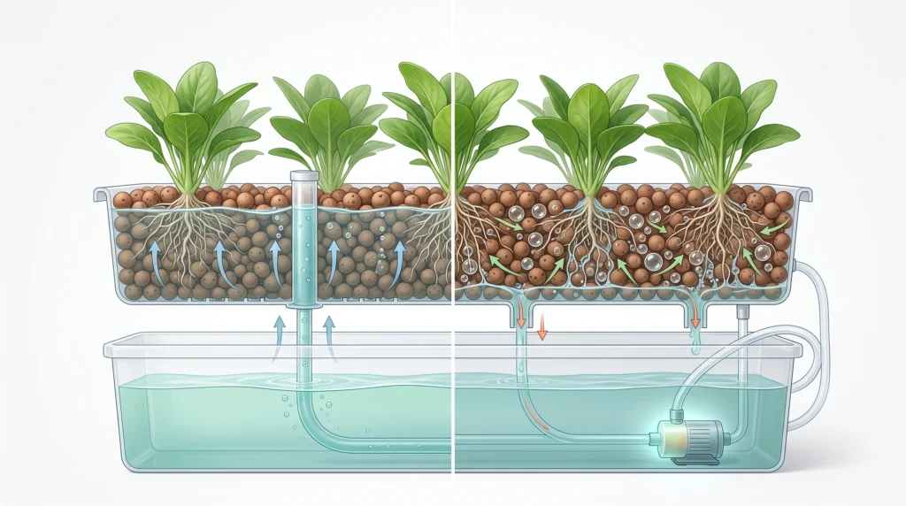 Scientific visualization showing hydroponic growing media flooding with nutrient solution and draining to restore root zone oxygen