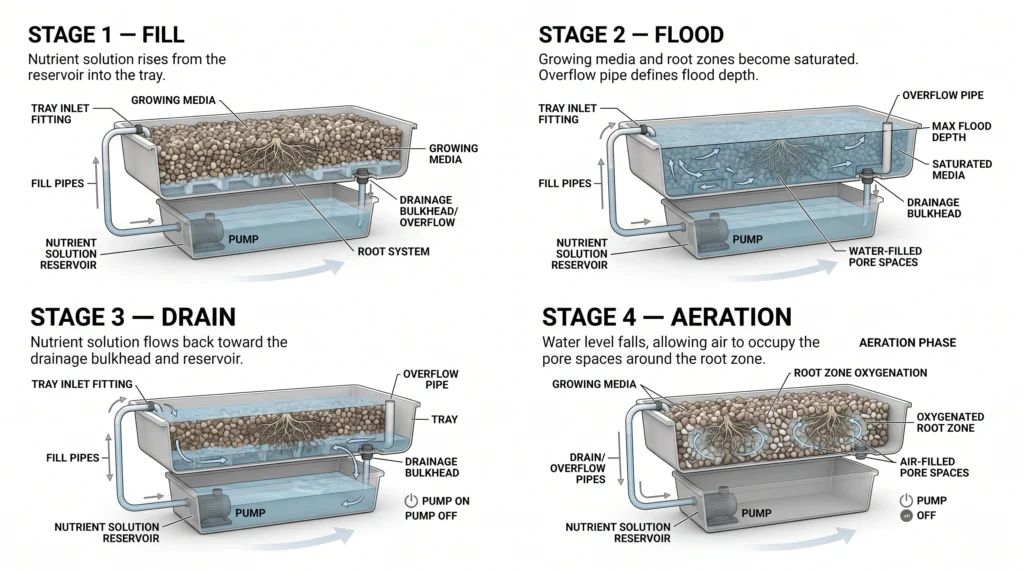 Commercial Grade Hydroponic Trays: Engineering Breakdown of Botanicare, FastFit, and Active Aqua 8 Ebb and flow hydroponic system showing flood, saturation, drain, and root-zone aeration cycle
