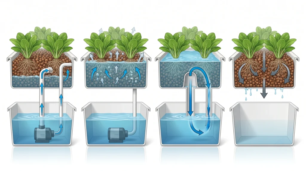 Siphon Drain Systems: Bell Siphon vs Auto-Siphon in Ebb and Flow Hydroponics 1 Ebb and flow hydroponic system showing flooding, siphon activation, rapid drainage, and root-zone aeration