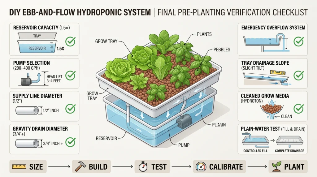 Final hydroponic system checklist infographic showing reservoir capacity, pump sizing, drain diameter, table slope, overflow, timer, washed clay pebbles and successful test cycle.