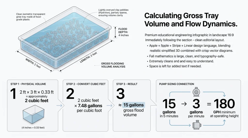 Step-by-step infographic calculating the water volume of a 2 by 3 foot hydroponic tray with a 4-inch flood depth, resulting in approximately 15 gallons.