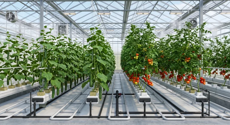 Engineered hydroponic greenhouse production system growing cucumbers and tomatoes