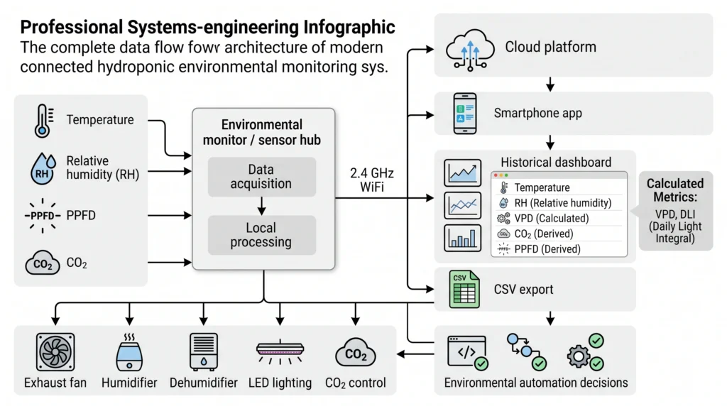 Pulse Pro Environmental Monitor Review: Precision VPD, Light, and CO2 Tracking 12 Environmental monitor data flow from temperature, humidity, PPFD and CO2 sensors to cloud dashboard