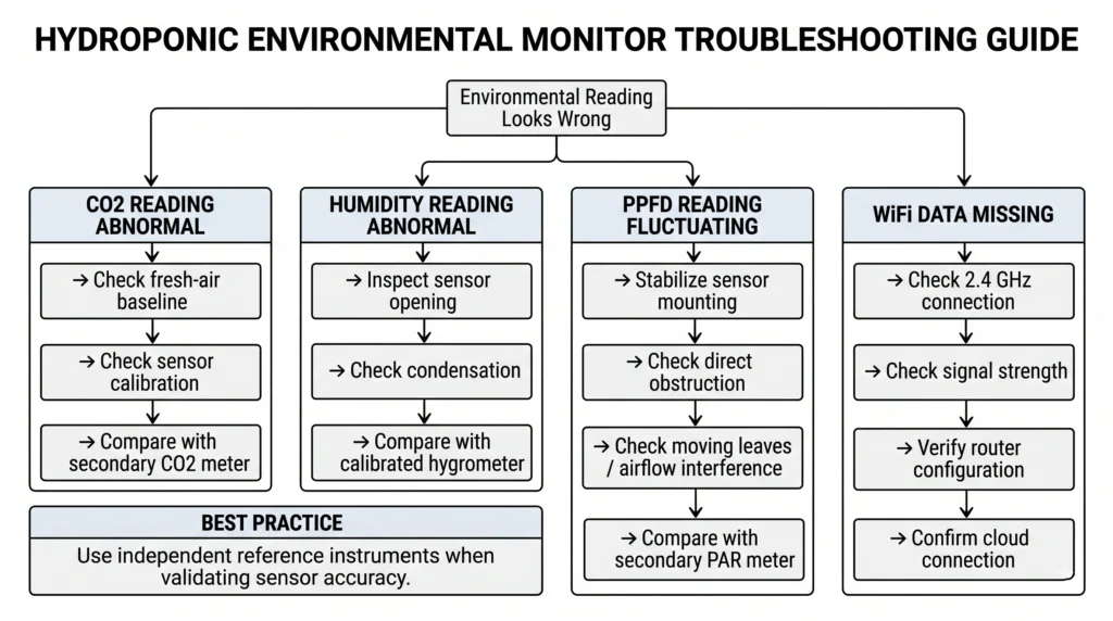 Pulse Pro Environmental Monitor Review: Precision VPD, Light, and CO2 Tracking 15 Environmental monitor calibration and troubleshooting diagram showing CO2, humidity, PPFD and WiFi checks