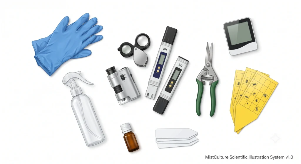 Flat lay of the essential tools required for hydroponic clone quarantine and biosecurity.