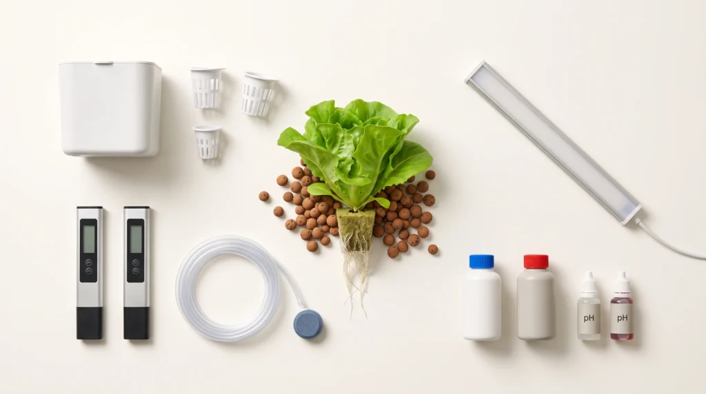 Premium flat lay of beginner hydroponic equipment including reservoir, net pots, nutrients, pH meter and EC meter