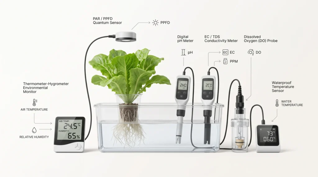 Hydroponic monitoring equipment including pH meter, EC meter, dissolved oxygen probe, temperature sensor and environmental monitor.