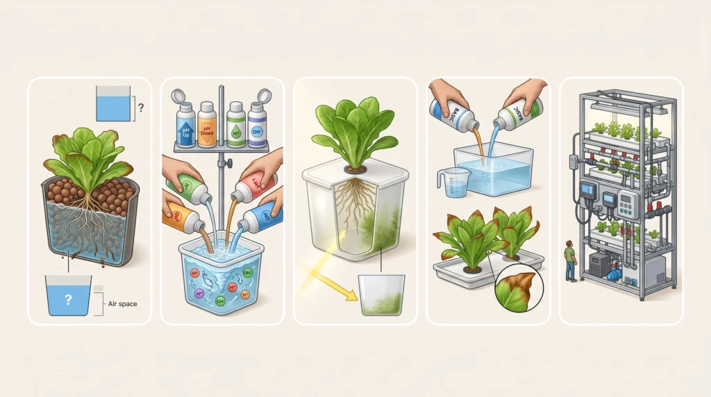 Scientific comparison showing common beginner hydroponic mistakes including overwatering, pH swings, light leaks, incorrect nutrients and oversized systems